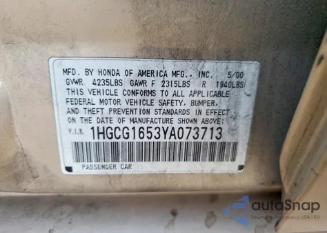 2000 Honda Accord Ex z USA, uszkodzony, nr VIN 1HGCG1653YA073713